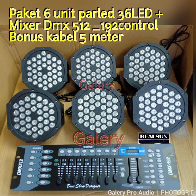 Paket lampu lighting Parled 6unit parled 36led + 1unit Mixer dmx 512_192 + kabel 1mtr 6set Buat Temp