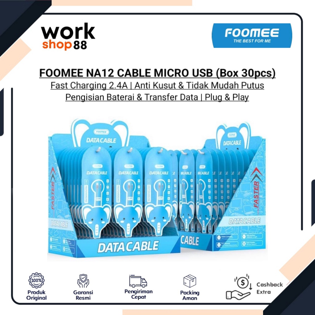 Produk Baru Paket Reseller - FOOMEE NA12 Fast Charging 2.4A Micro USB ( 1 Toples isi 30pcs ) - New O
