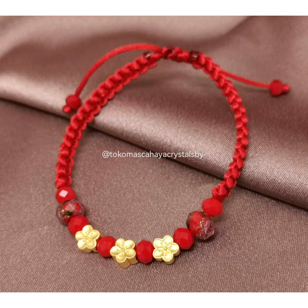 Gelang Tali Emas Charm 3 Sakura Emas 24k HK Hongkong 999% 9999