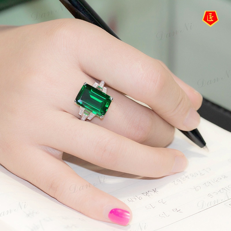 [Ready Stock]Square Emerald Ring 925 Silver Fashion Elegant and Personalized