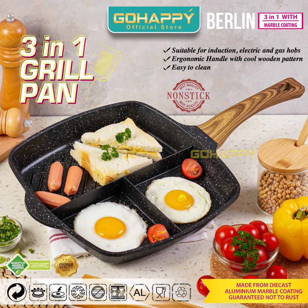 Panci 3 sekat Berlin Brunch superlite | Penggorengan grill pan 3 alat panggang masakan