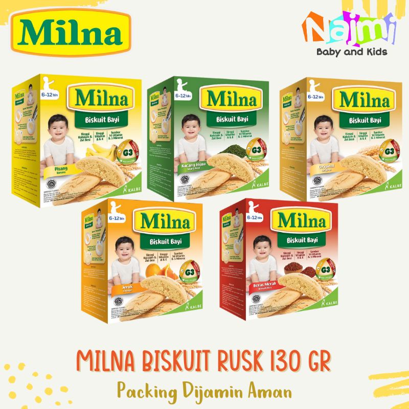 Milna Biskuit Rusk Bayi DHA 130 gr | Snack MPASI Rasa Original Jeruk Pisang Beras Merah Kacang Hijau