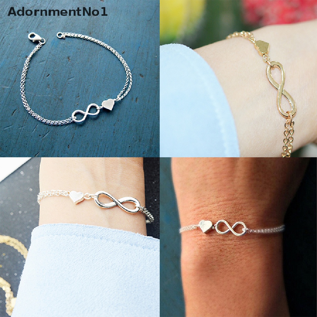 1pc Gelang Rantai Desain Angka 8 Hati Warna Silver