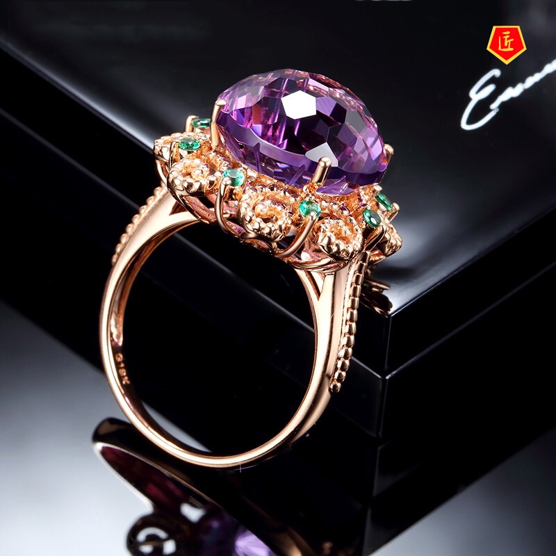 [Ready Stock]Amethyst Colored Gemstone Ring 14K Rose Gold Refined Personalized