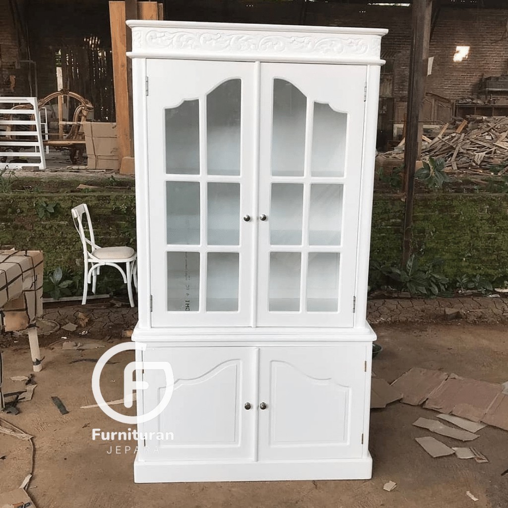 Lemari Pajangan Hias Minimalis Jati Warna Duco Putih