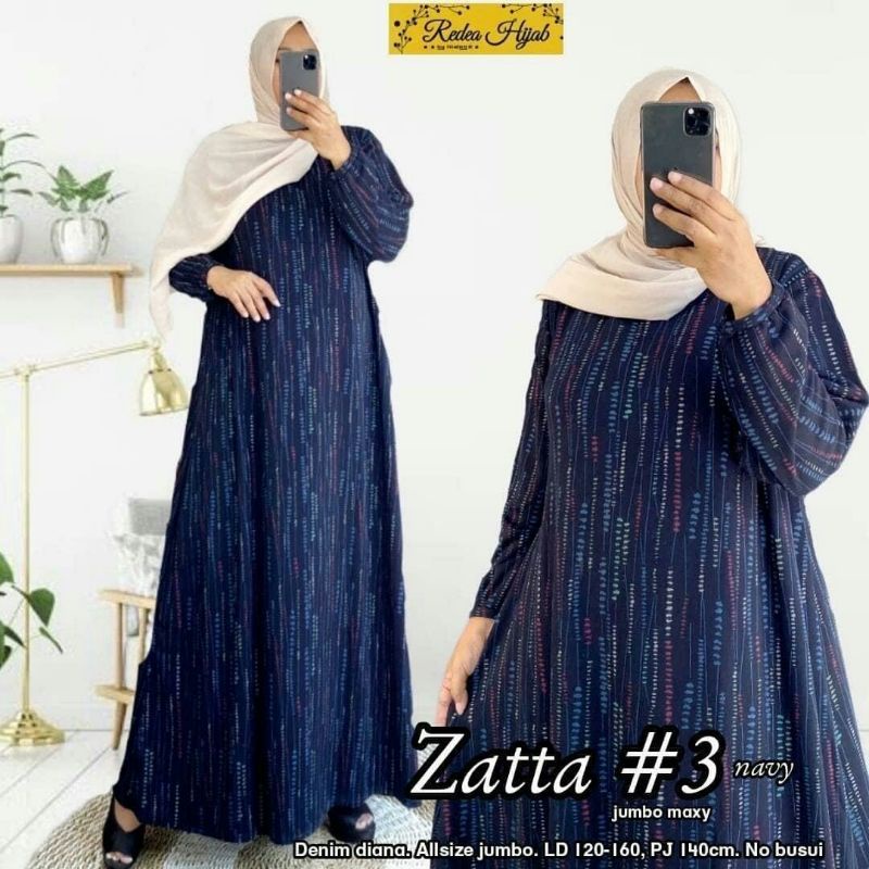 Zatta #3 Jumbo Maxi dress ijo botol navy wanita bahan Denim diana motif cantik hijab terbaru murah