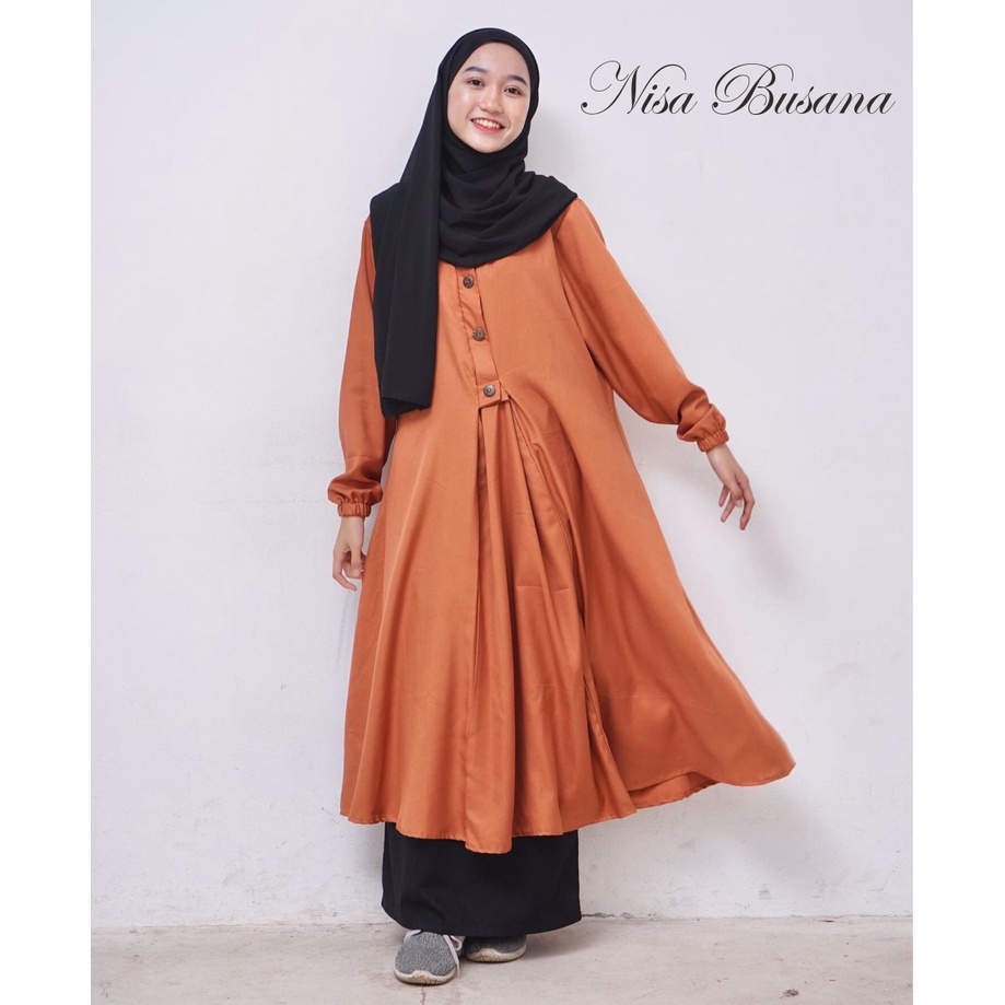 Nisa Busana Zheefir Long Tunik Terracotta Longdress Pakaian Muslimah Wanita Kekinian By Yameenakids
