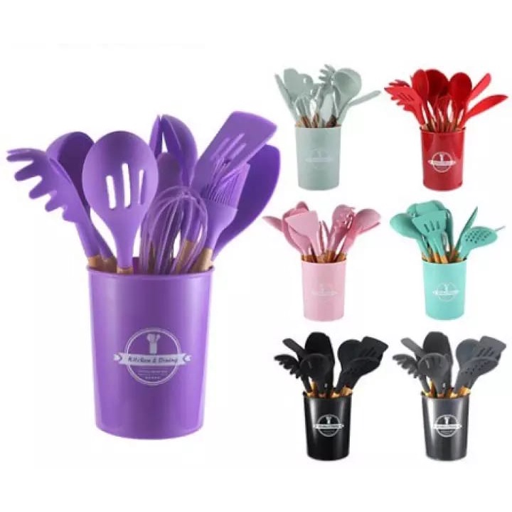 [BS] SILIKON KITCHEN SET UTENSIL 13 PCS SPATULA SUTIL ALAT DAPUR LENGKAP FULLSET FREE WADAH