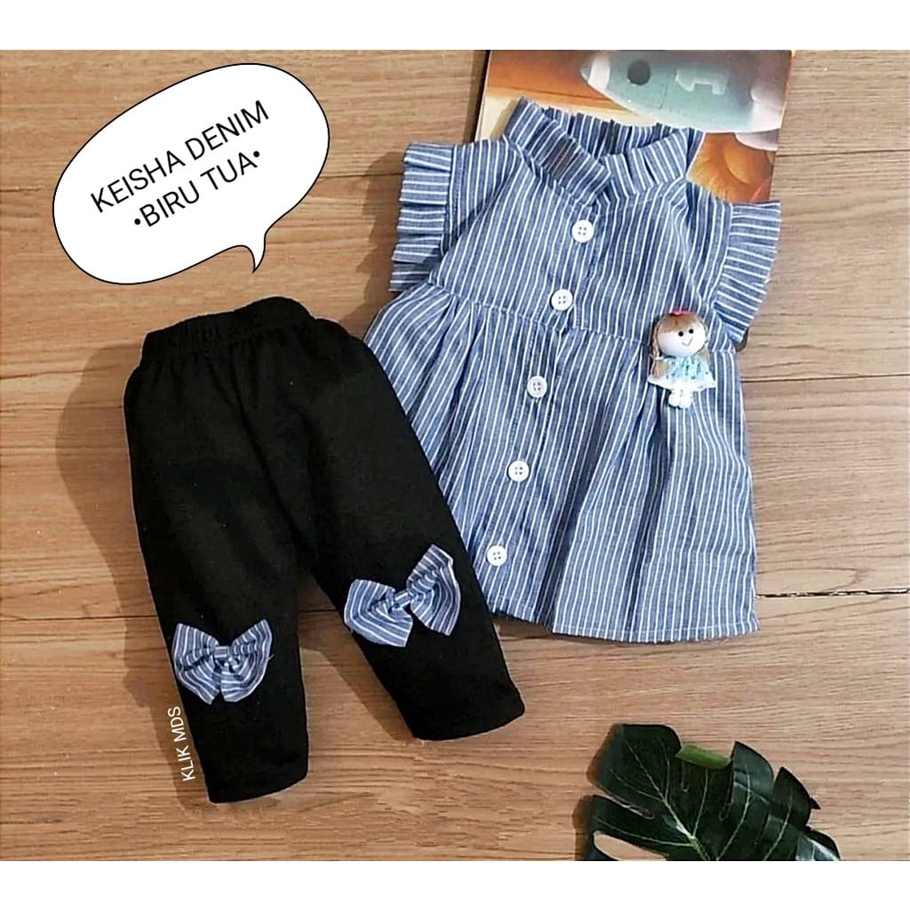 Setelan Baju Anak Perempuan / Baju Bayi Cewek Atasan Lengan Pendek Dan Celana Panjang Motif Keisha Denim Usia 0-6 Bulan