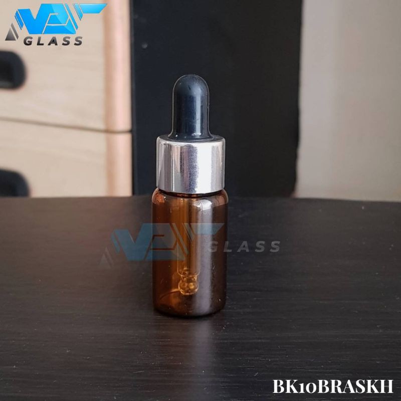 botol kaca pipet 10ml amber / coklat - ring almunium silver