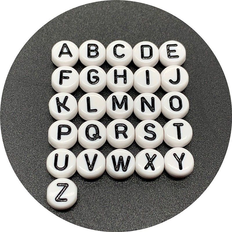 (1 Pon/450gr) Manik Mote Mute Bulat Putih Huruf Hitam Abjad Alfabet Bahan Craft DIY