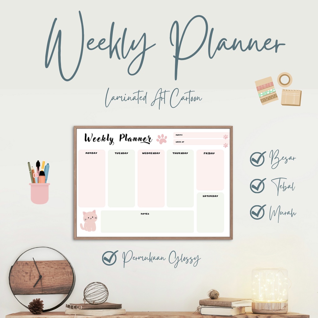 

[LAMINASI GLOSSY 2 SISI] Weekly Planner - Wall Planner - Weekly Schedule Planner - Schedule Board - Jadwal Mingguan - Wipe and Clean Planner