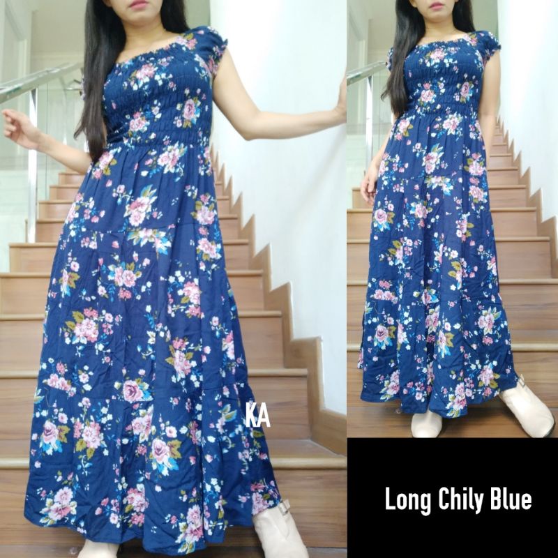 Daster Panjang Serut Dada Rayon Adem Longdress Cantik Bunga Sakura Natasha-Chily blue
