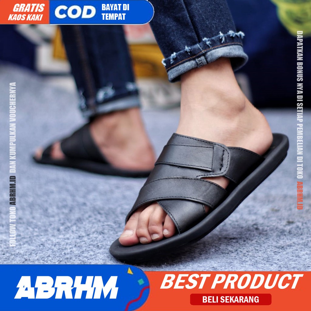 ABRHM x EXCO Sandal Slide Pria Sandal Slop Pria Kulit Asli Sendal Selop Cowok / Cowo Ori Kekinian