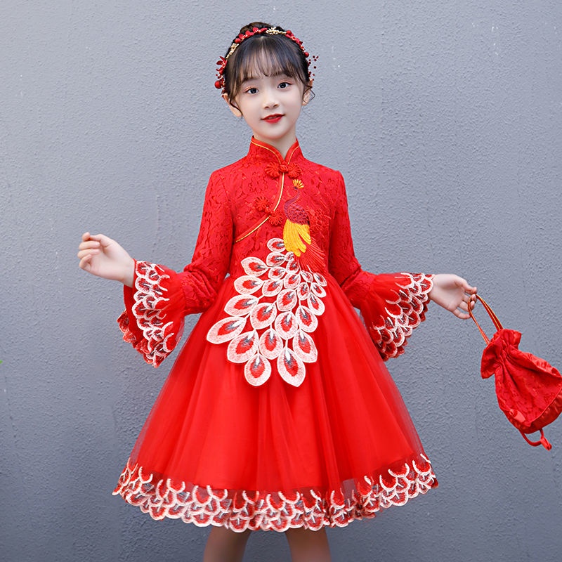 Girls' cheongsam winter dress hanfu chinese style foreign style Plush Princess Dress little girls' T