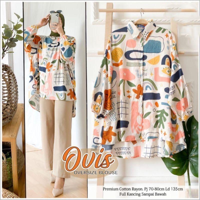 MONOCHROME OVERSIZE BLOUSE MOTIF - ATASAN RAYON FULL KANCING JUMBO / ATASAN RAYON KOMBINASI-OVIS OVERSIZE PUTIH
