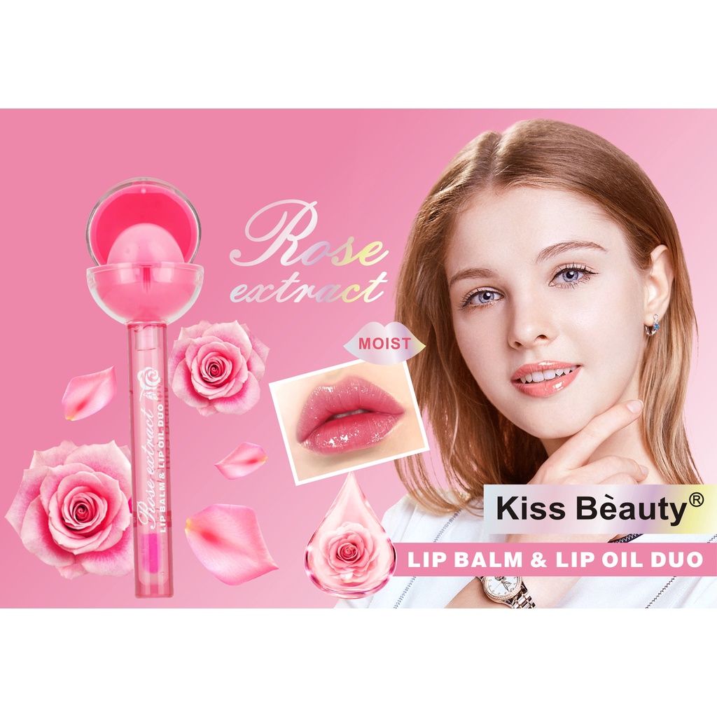 [Per Batang] Lipbalm &amp; Lip Oil 2in1 Kiss Beauty Rose Bentuk Lollipop