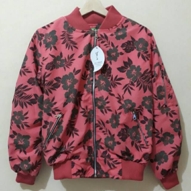 JAKET BOMBER WANITA MOTIF BUNGA - PEACH