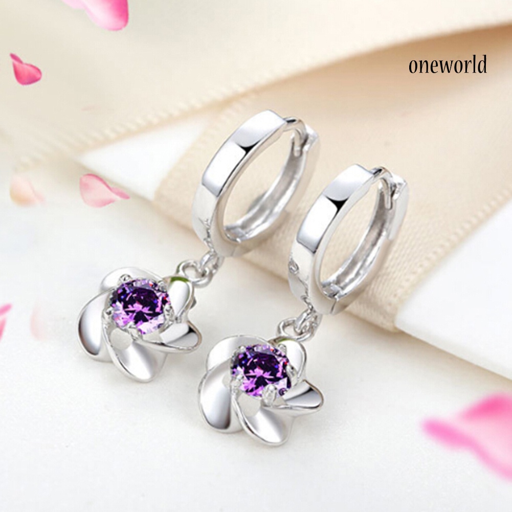 OW@ Fashion Women Plum Blossom Shape Dangle Rhinestone Leaverback Earrings Jewelry