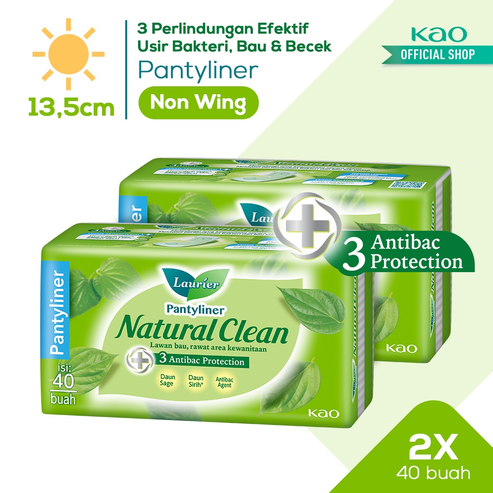 Laurier Natural Clean Pantyliner Daun Sirih Anti Bakteri - Bersih Alami Cegah Bau Isi 40 Buah Twin Pack