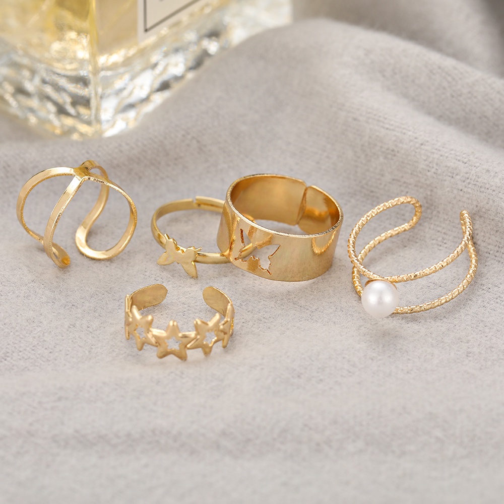 5Pcs/set Fashion Butterfly Pearl Ring Set Retro Geometry Gold Rings Women Jewelry Accessories Gift