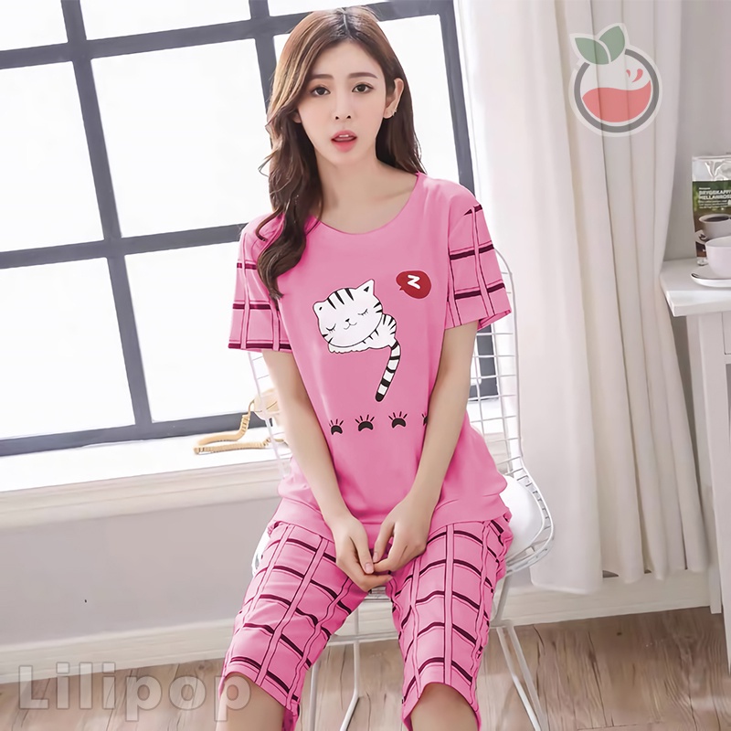 Lilipop.id  Baju Tidur Wanita 3/4 Bunny Setelan Piyama BabyDoll Kaos Celana Pendek