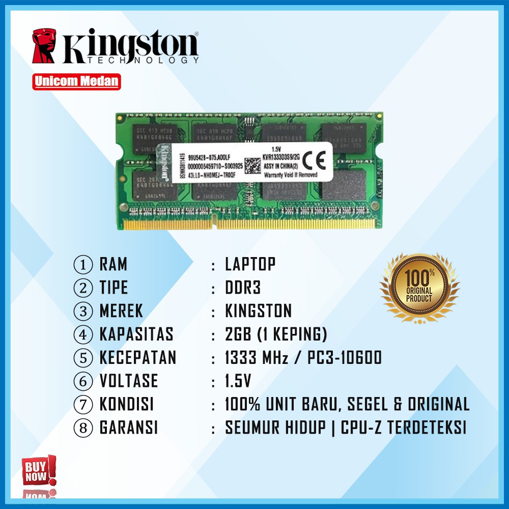 RAM LAPTOP KINGSTON DDR3 2GB 1333MHZ PC3-10600