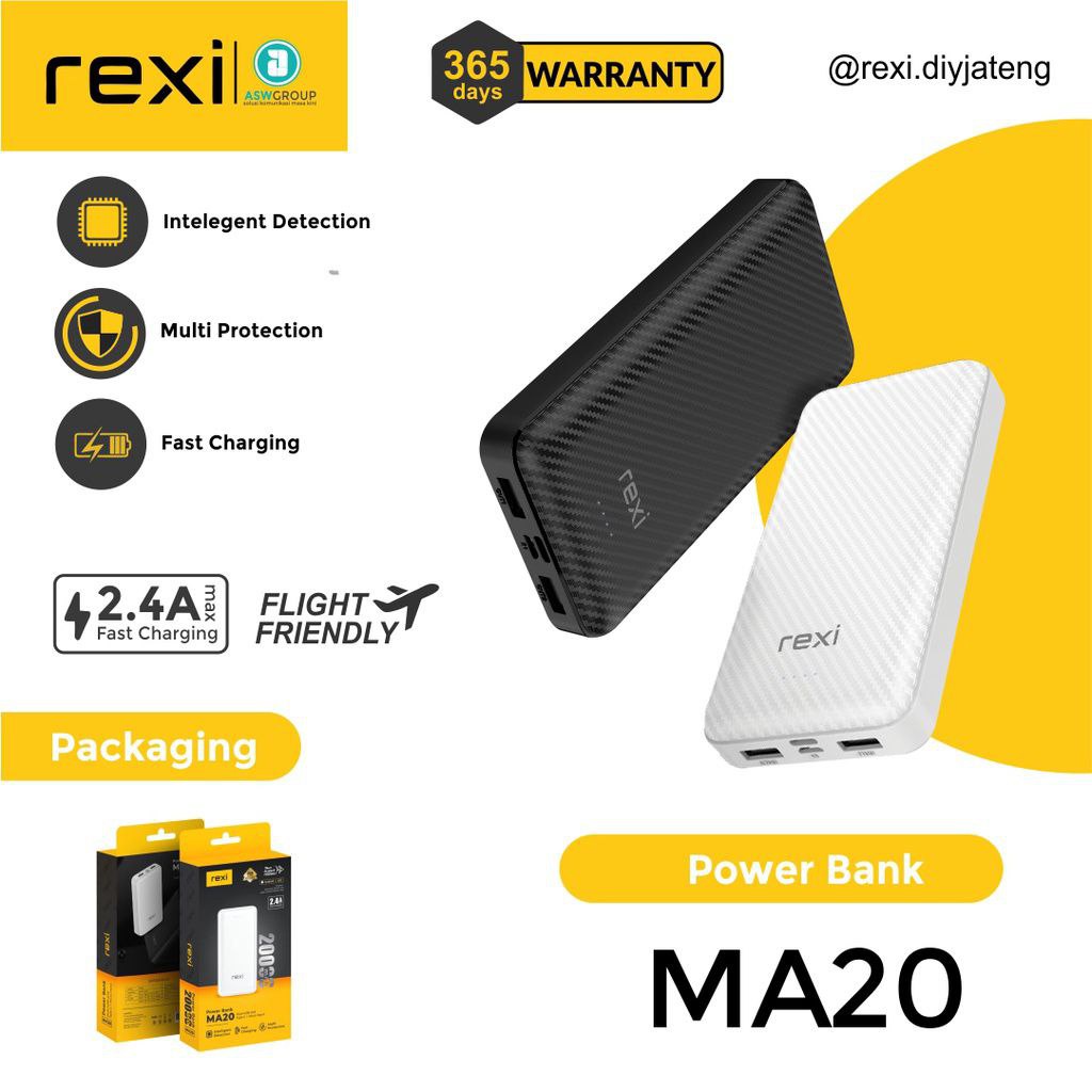 Power Bank 20,000 mAh 2.4A Dual USB Type C & Micro MA20 Rexi