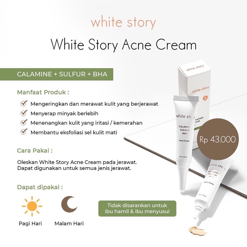 WHITE STORY Acne Cream Indonesia / Brightening Hydrating Advanced Soothing Exfoliating Peeling / Facial Wash Toner Essence Serum Day Night Underarm Eye Gel Clay Mask Masker Wajah Cleanser Cleansing Moisturizer Body Scrub Soap Face Care Oil / Paket Lengkap