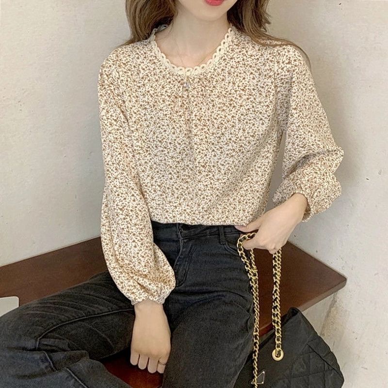 【BISA COD】Chiffon Lace Floral Blouse wanita Lengan Panjang summer atasan blus import cewek-2