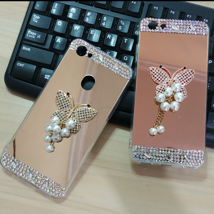 Mirror Case Oppo F7 Youth Luxury Diamond Butterfly - Rose termurah