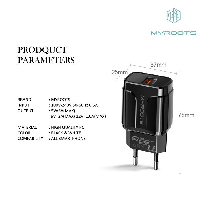 Batok Adaptor Charger MYROOTS MR-C16 1 Usb Quick Charger 3.0 18W Smart IC Auto ID Fast Charging