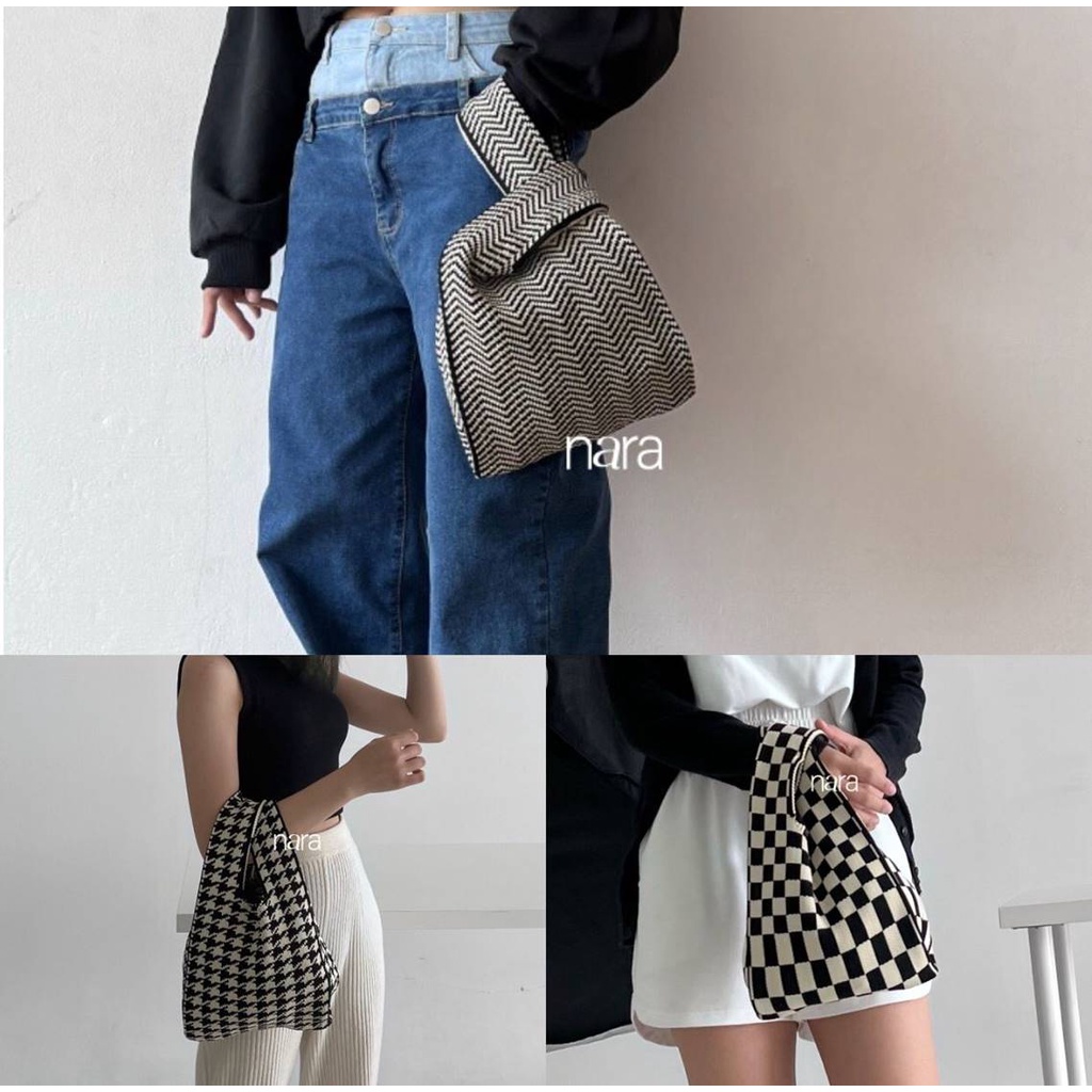 Tas BUFFOLLOW Vacay Tote Bag - Tas BUFOLLOW BUFFOLOW BAG VIRAL THAILAND - BENE Korean Knitted Checkered Tote Bag Tas Rajut Korea