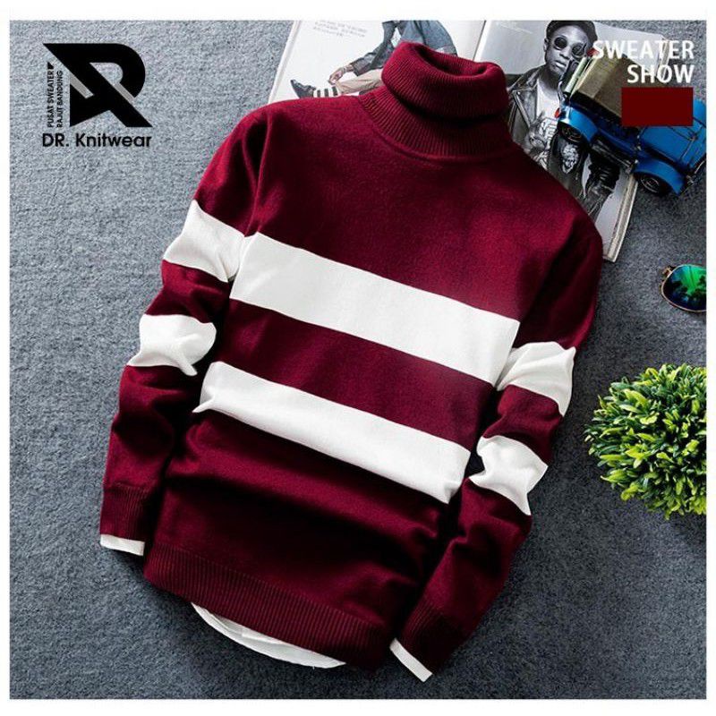 Sweater Hoodie Turtleneck Rajut Pria Sweater Strip