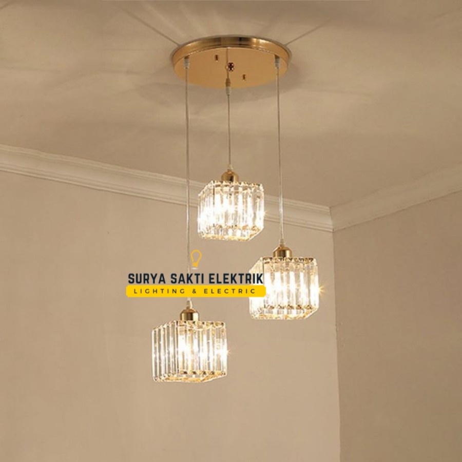 LAMPU GANTUNG KRISTAL 3 IN 1 KOTAK MODERN MINIMALIS GOLD HIAS RUANG TAMU MAKAN