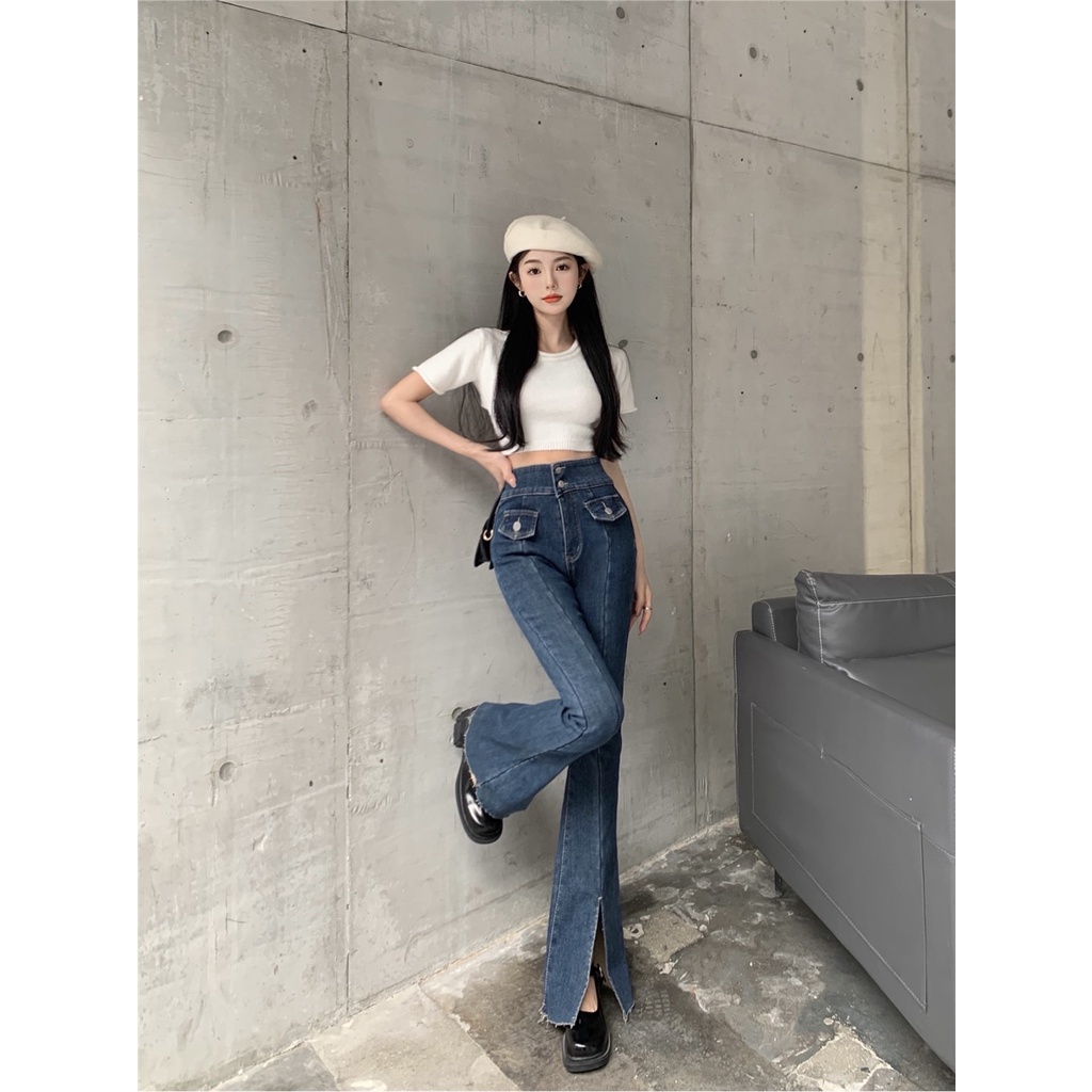 Suhao slit jeans wanita pinggang tinggi celana melebar celana melebar kaki lebar mengepel