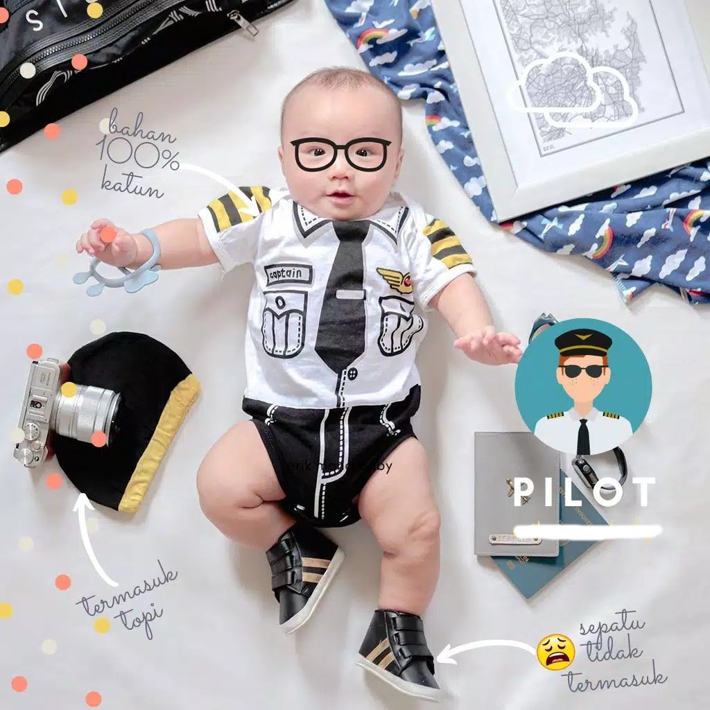 Baju jumper + topi motif seragam pilot (0-12 bln) bayi cowok lucu