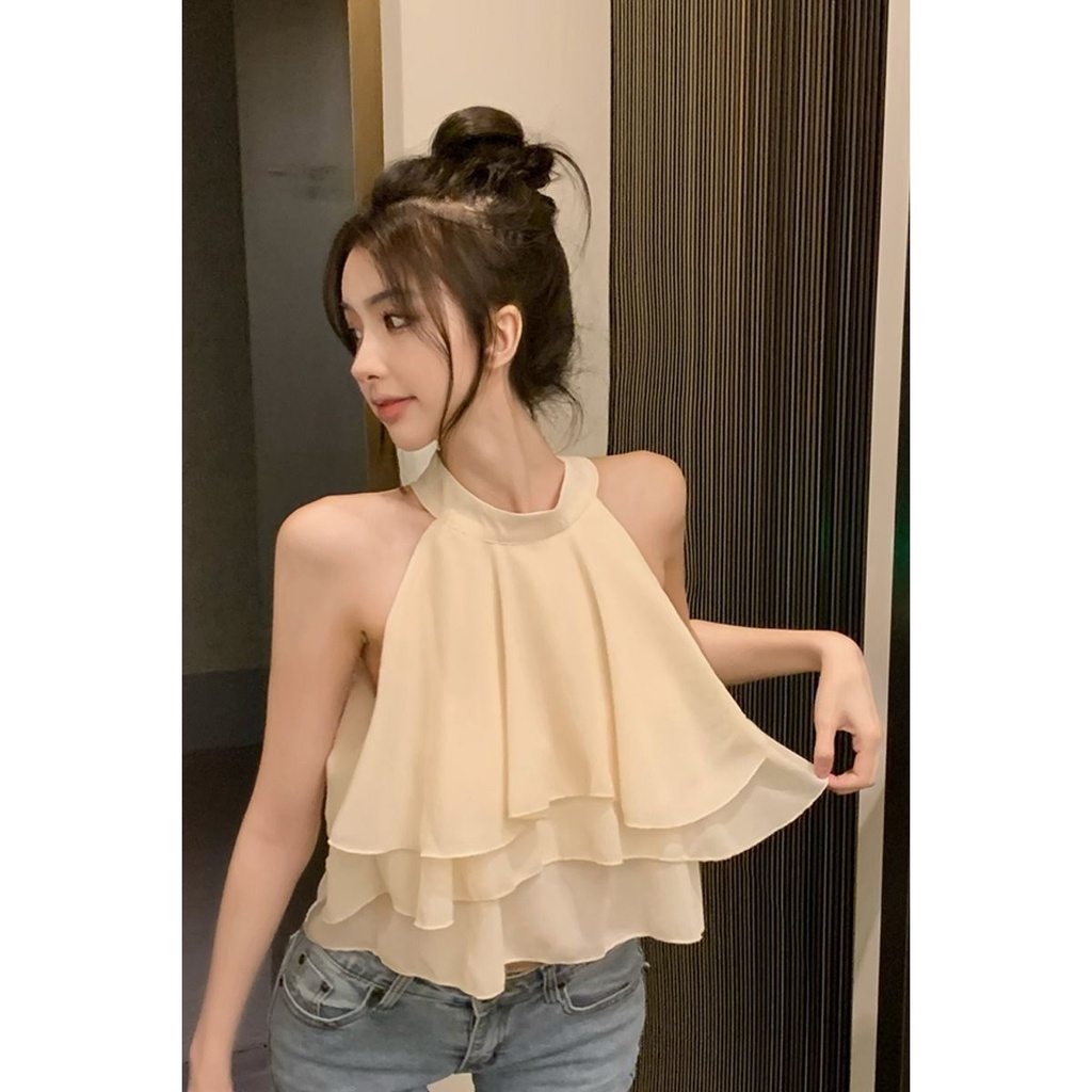 Red wanita halter neck off-shoulder tanpa lengan kamisol wanita musim panas 2022 new western style high fashion slim chic top