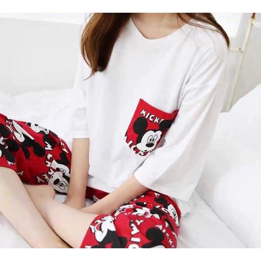 TGM -  1 SET Pakaian Wanita Baju Tidur Wanita Mickey Mouse Piyama Lengan Pendek Import Motif Kartun Setelan