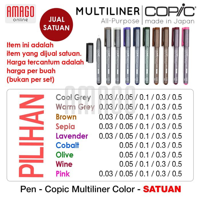 COPIC Multiliner Color - Satuan - Pilih Warna dan Ukuran - CMCG/CMWG/CMBR/CMSP/CMLV/CMCB/CMOV/CMWN/CMPN