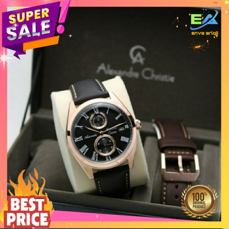 ALEXANDER CHRISTIE PRIA ORIGINAL AC 3040 TERBARU MURAH AUTOMATIC OTOMATIS TALI KULIT ORI ANALOG NEW