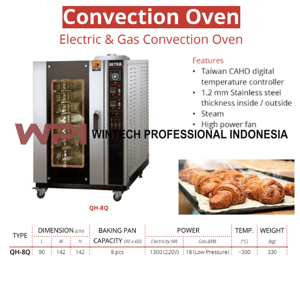 Getra QH-8Q Oven Konveksi 8 Tray Dengan Fungsi Sistem Uap Roti, Ayam Dll - Oven Konveksi Dengan Gas 