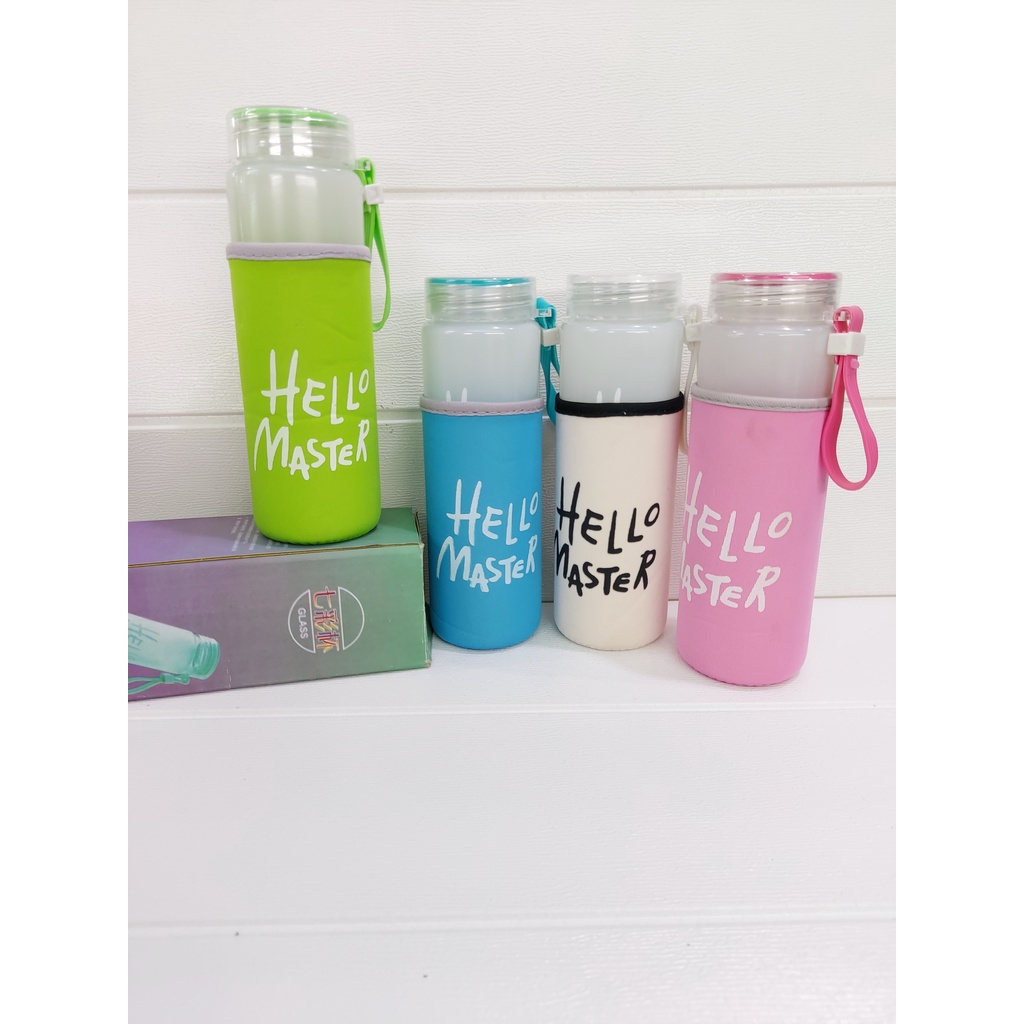 BOTOL MINUM KACA HELLO MASTER FREE SARUNG BUSA WARNA UK. 300ML