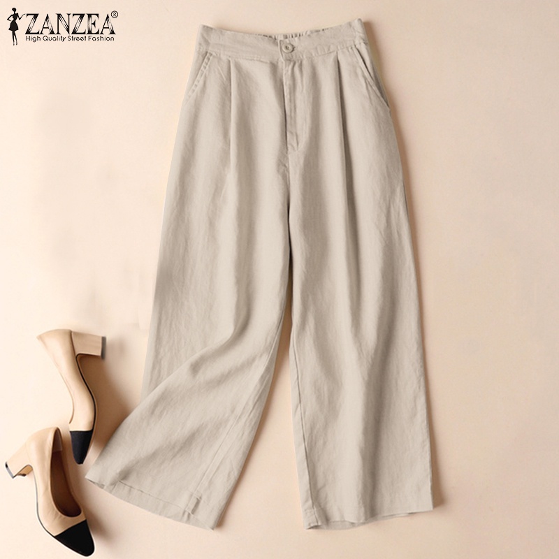 ZANZEA Women Plain Cotton Long Harem Pants Loose Elastic Waist Wide Legged Pants