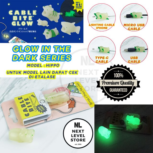 Hippo - GLOW IN THE DARK Cable Bite Cute Protector Pelindung Kabel