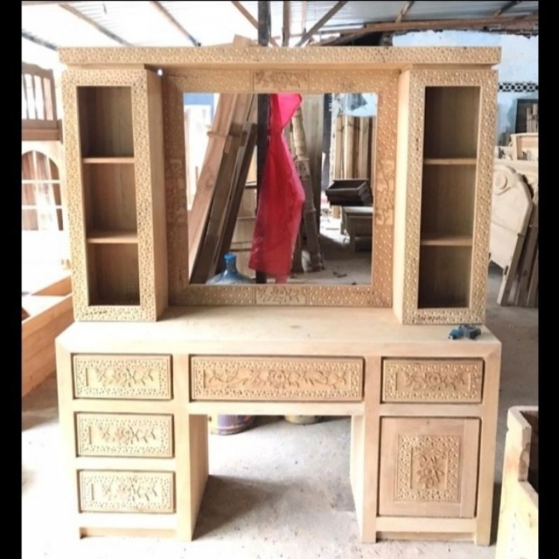 Meja Rias Besar Ukir Jati + Lemari kecil Mebel Jati Jepara Mentahan