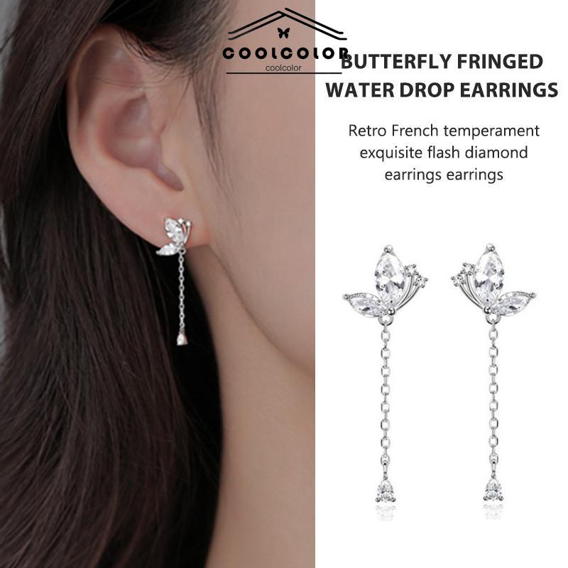 COD❤️1Sepasang  Anting Kupu-kupu Rumbai Drop Earrings Retro Flash Diamond Earrings Impor Fashion Korea Aksesoris Wanita