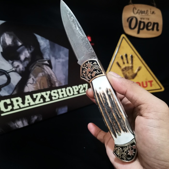 Pisau Original Damaskus K056 / Pisau Lipat / Survival Kit