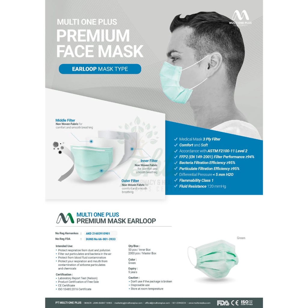 MULTI ONE PLUS Premium Face Mask l Masker 3 Ply Berizin KEMENKES l Masker Medis Multioneplus 3Ply Warna Hijau