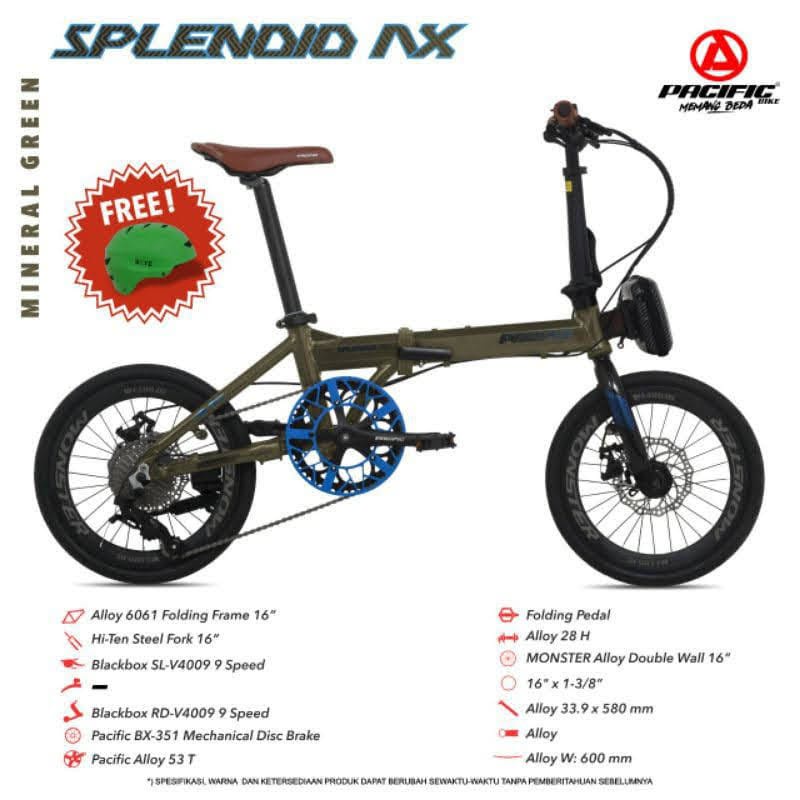 Sepeda Lipat Pacific Splendid 16 Plus 9 Speed Free Tas + Helm